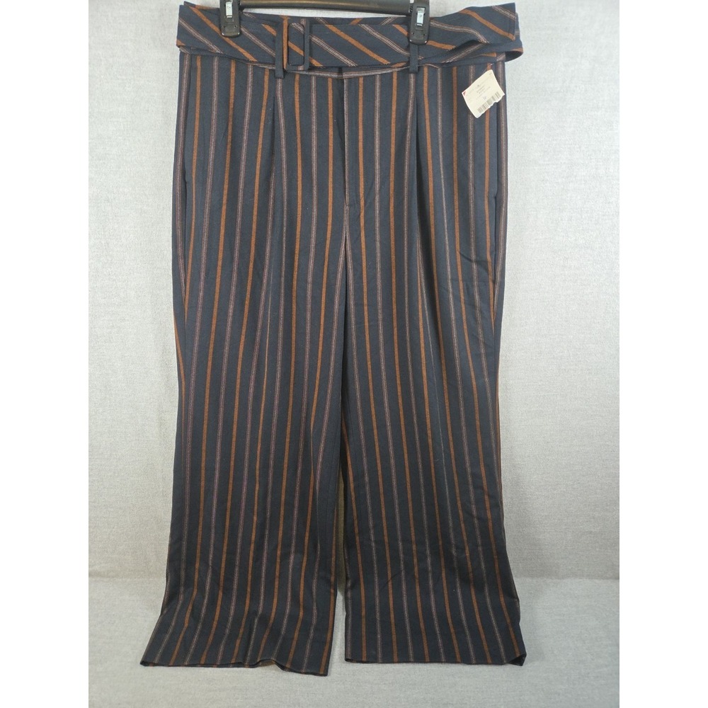 Banana Republic High Rise Wide‎ Leg Trousers 16 Black Stripe Belted 36x30 Career
